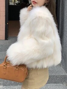 1pc White Thickened Long Pile Short Fluffy Jacket, Winter - White - View 2