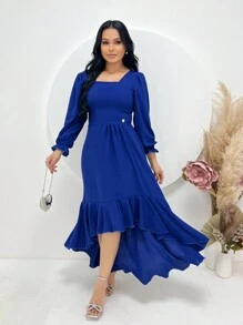 Women's Long Sleeve Midi Mullet Dress With Ruffles Tailoring Square Neckline Spring Summer Christian Evangelical Fashion REF: Angela - 寶藍色 - 查看 1