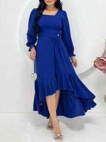 Women's Long Sleeve Midi Mullet Dress With Ruffles Tailoring Square Neckline Spring Summer Christian Evangelical Fashion REF: Angela - 寶藍色 - 查看 4