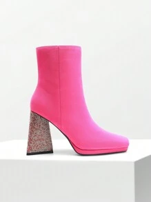 Women's Square Toe Faux Suede Rhinestones Chunky Heels Ankle Boots With Side Zipper Easy To Put On And Take Off Atex Insole Keeps Your Feet Comfortable Throughout The Day Party And Christmas - 玫紅色 - 查看 6