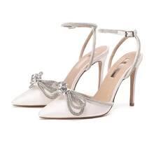 MUCCCUTE Bieosnli Women's Satin Lace Up High Heel Sandals Ankle Buckle Straps Pump Rhinestone Strip Bowknot Pointed Toe Stiletto Sandals - 白色 - 查看 1