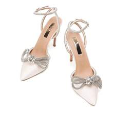 MUCCCUTE Bieosnli Women's Satin Lace Up High Heel Sandals Ankle Buckle Straps Pump Rhinestone Strip Bowknot Pointed Toe Stiletto Sandals - 白色 - 查看 2
