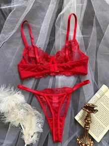 Style Dream 两件套女士玫瑰花卉刺绣网纱浪漫性感内衣套装，情人节、圣诞节、蜜月两件套女士超薄文胸 - 紅色 - 查看 6