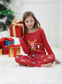 2pcs/Set Tween Girl Christmas Family Matching Snug Fit Pajamas, Cute Deer & Penguin Print Long Sleeve Top And Pants, Comfortable Holiday Home Outfit Set - Red - View 4