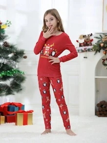 2pcs/Set Tween Girl Christmas Family Matching Snug Fit Pajamas, Cute Deer & Penguin Print Long Sleeve Top And Pants, Comfortable Holiday Home Outfit Set - Red - View 6
