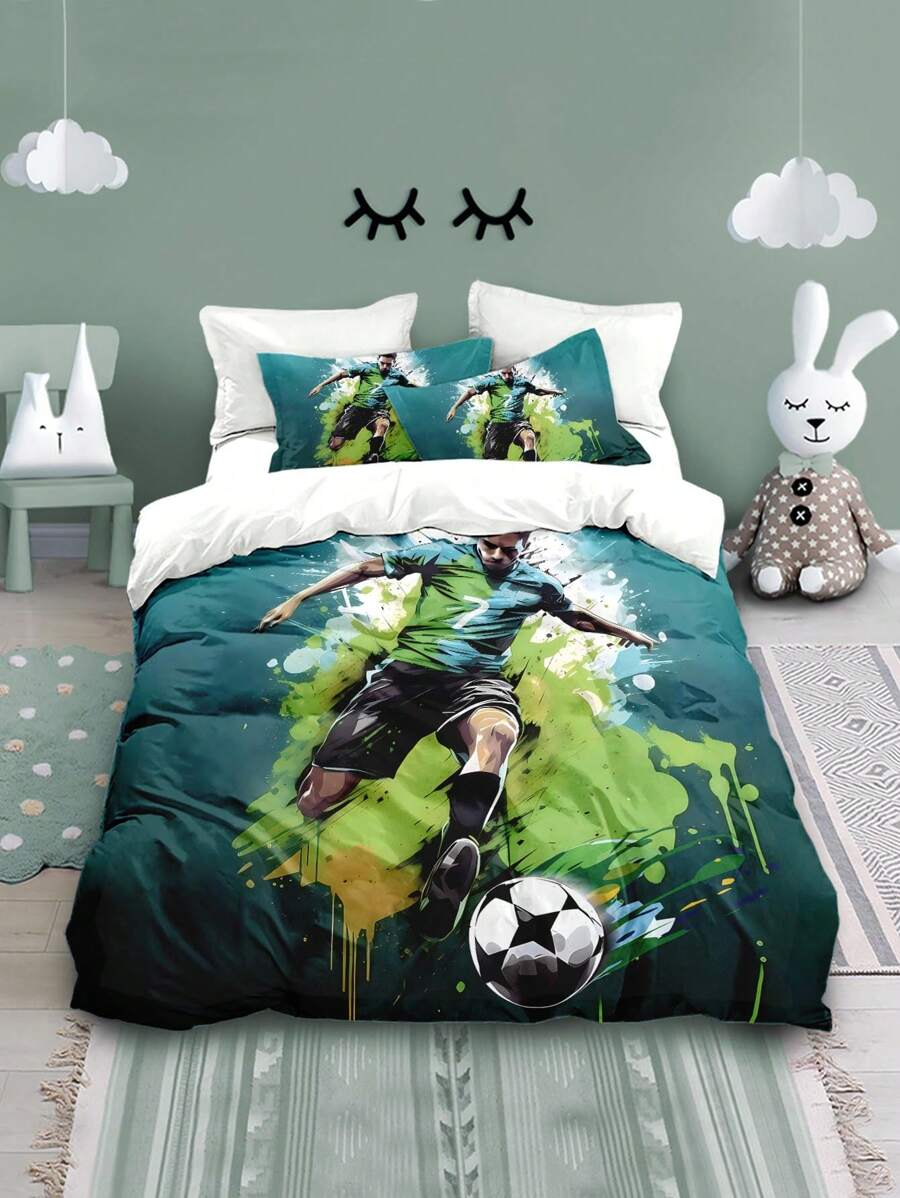 Bộ chăn ga gối in hình cầu thủ bóng đá đá bóng 4 món (1 vỏ chăn + 2 vỏ gối + 1 ga trải giường, không có ruột), bộ đồ giường có khóa kéo, có thể giặt bằng máy, mềm mại và thoáng khí, có 2 kích cỡ để đáp ứng các nhu cầu khác nhau, phù hợp với phòng trẻ em, phòng khách, phòng ngủ