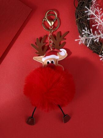 1 件可爱毛绒卡通圣诞驯鹿绒球钥匙扣，毛绒圣诞鹿包包饰品