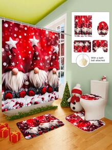 1/2/3/4 Pieces Three Christmas Gnomes Pattern Digital Printed Waterproof Shower Curtain, Bathroom Set, Bathroom Non-Slip Mat, Toilet U-Mat, Toilet Cover, Comes With 12 Hooks And 1 Shower Globe, Perfect Christmas Gift For Yourself And Your Family, Multiple Sizes Available! Home Bathroom Decor Fall Decor Bathroom Accessories Back To School