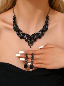 1 Paar Ohrringe + 1 Halskette elegantes Schmuckset mit eingelegtem schwarzem Zirkonia, Symbol für Schönheit und Eleganz, Partyaccessoires