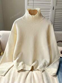 Autumn And Winter New High-Neck Solid Color Drop Shoulder Long-Sleeved Knit Sweater Ms. Loose Loose Versatile Warm Fashion Elegant Commuter Wind Pullover Sweater