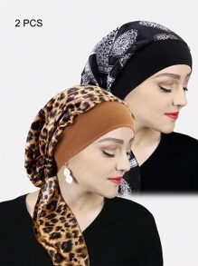 2 chiếc/gói Mũ vành rộng in họa tiết co giãn đội đầu cho nữ - Nhiều màu - Xem 7