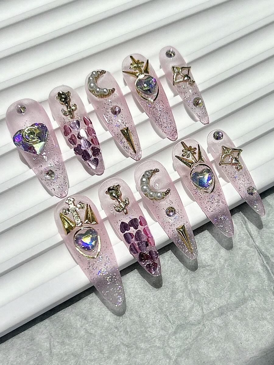 10 件装闪亮爱心可拆卸指甲贴粉色可穿戴美甲成品防水按压指甲/杏仁指甲/按压指甲长/指甲用品（1 张果冻贴纸+1 个指甲锉） - 粉色 - 查看 1