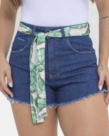 Women's Dark Wash Basic Jean Shorts With Lycra Denim Belt And Cheerful Scarf - 中等水洗藍 - 查看 3