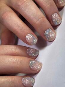 Nâng cấp ngay diện mạo của bạn với 24 móng tay vuông ngắn thời trang hiện đại màu nude đơn giản màu trơn, thiết kế họa tiết bông tuyết trắng, bột nhũ nhiều màu, ngọt ngào và dễ thương, thích hợp cho các quý cô và bé gái đeo trong các bữa tiệc và khiêu vũ Giáng sinh, bộ móng tay giả che phủ toàn bộ để đeo hàng ngày - Nhiều màu - Xem 1