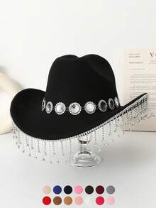 1 件纯色休闲可爱优雅复古波西米亚风复古宫廷风格派对涤纶水钻流苏牛仔西部帽，男女通用春夏秋冬派对节日软呢帽 - 彩色 - 查看 1