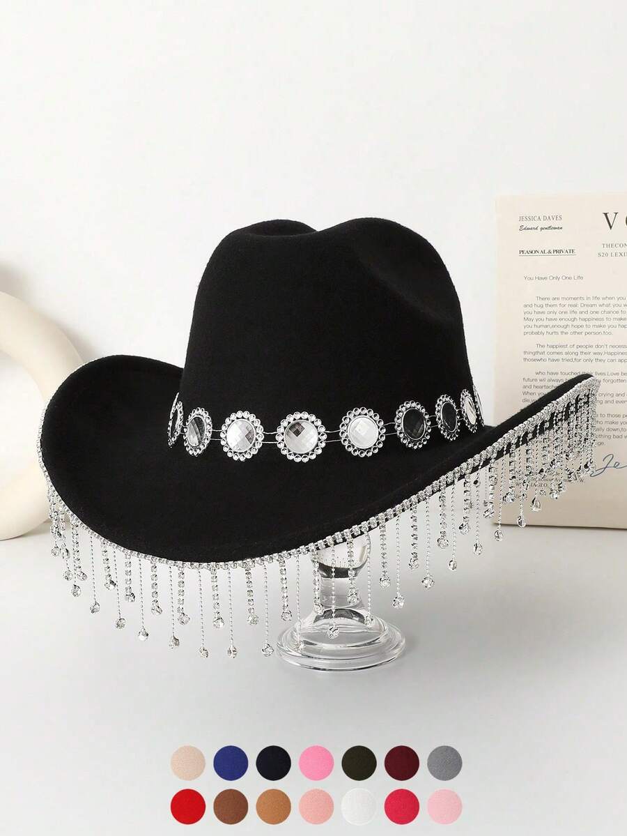 1 件纯色休闲可爱优雅复古波西米亚风复古宫廷风格派对涤纶水钻流苏牛仔西部帽，男女通用春夏秋冬派对节日软呢帽 - 彩色 - 查看 1