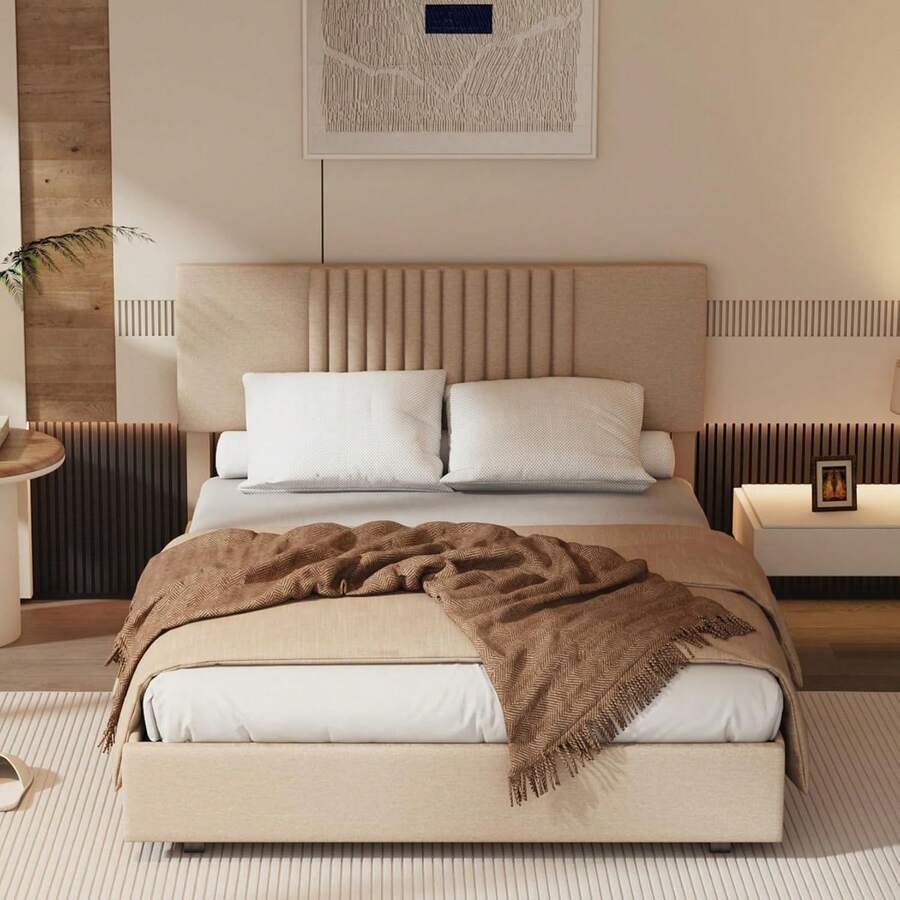 Queen Bed Frame, Lift Up Storage Bed Frame With Upholstered Headboard