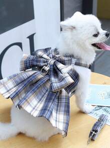 宠物格子裙配胸背带牵引绳，泰迪和法国斗牛犬小狗背心衣服 - 綠色 - 查看 5