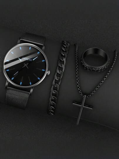 4 件/套男士黑色石英腕表，商务休闲圆形 PU 皮革表带，项链，戒指，手链礼品套装