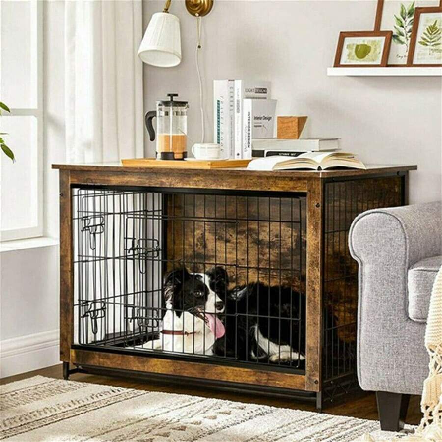 Super Large Retro Wooden Dog Crate Thick Wire Pet Cage Kennel Double