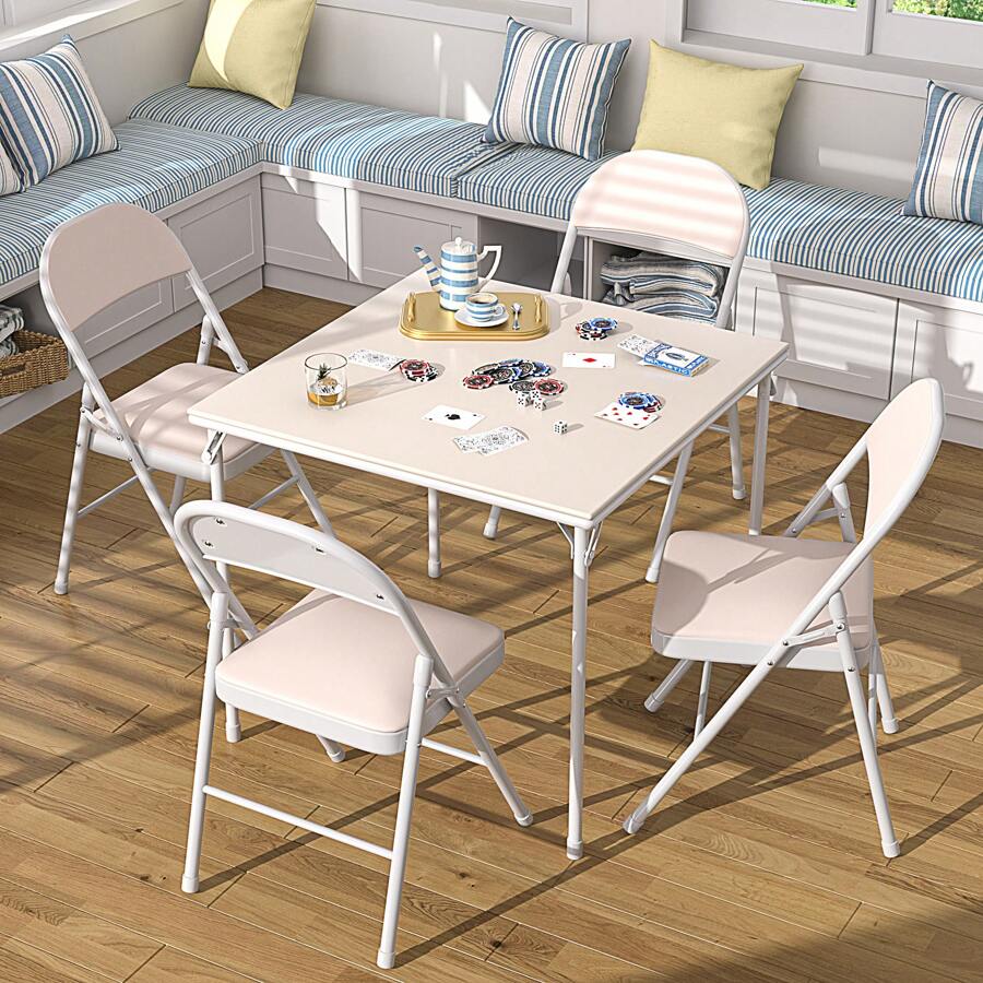 VECELO 33.8'Square Folding Tables, Dining Chairs Set Of 4, Portable Folding Table And Chairs Set, 3 Size Options - Beige - View 1