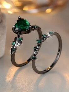 2 件装哥特式黑叶结婚戒指订婚戒指哥特蓝/绿/黑色锆石戒指适合女士女孩日常珠宝礼物 - 戒指套裝 - 查看 2