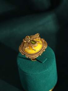 1 Stück verstellbarer Kupferring im Retro-Stil, 18k vergoldet, Luxus-Accessoire mit Vintage-Gefühl, Naturstein- und Perlen-Dekor, passend für Frauen, Hochzeits-/Jahrestags-Geschenk
