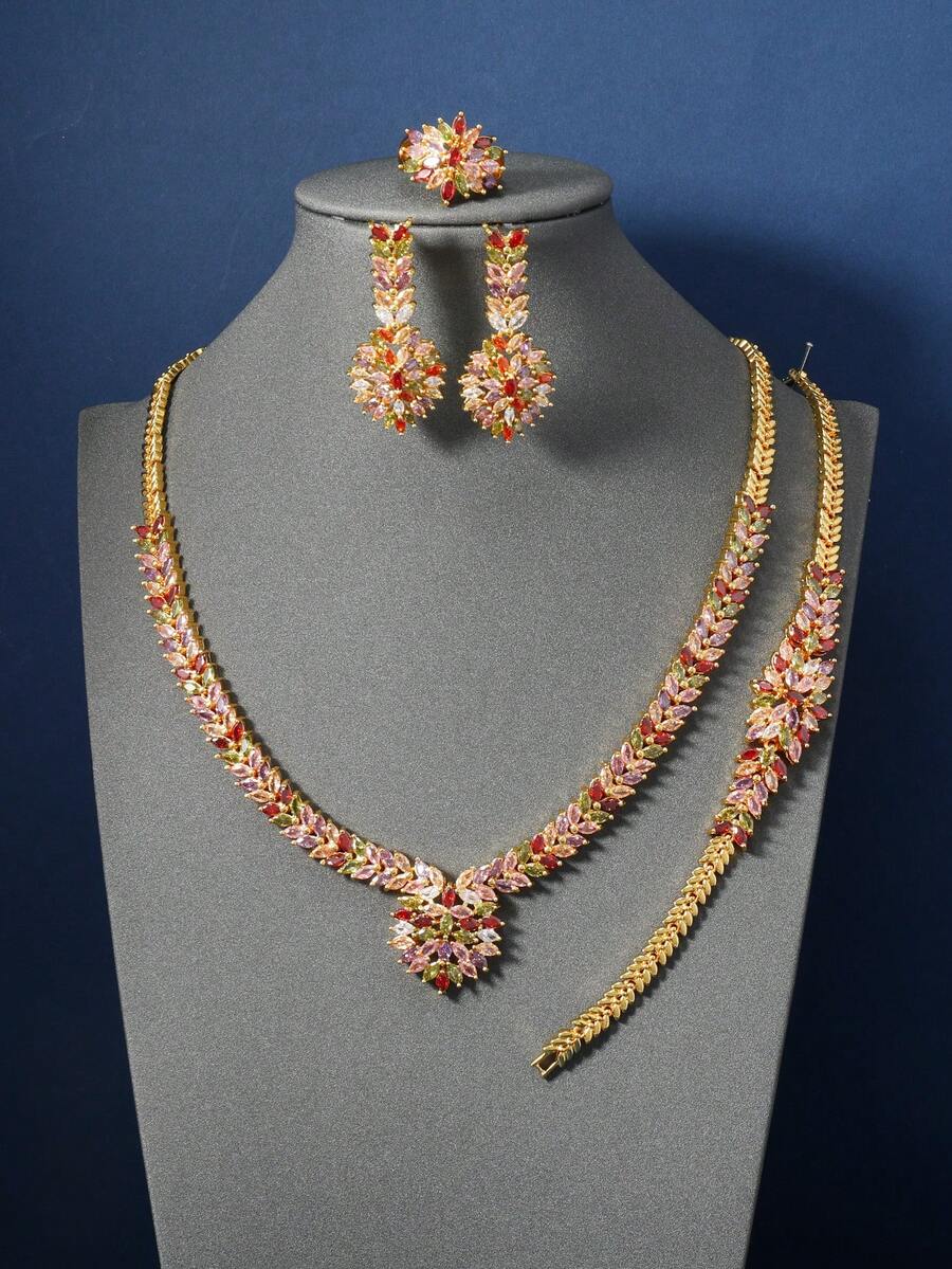 Bộ trang sức cưới cho nữ bằng đồng Cubic Zirconia nhiều màu phong cách Ả Rập Saudi Retro 4 món/bộ - Nhiều màu - Xem 1