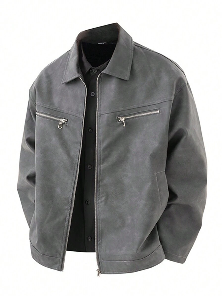 1pc Men's Leather Jacket, Motorcycle Biker Leather Jacket - Grey - View 1