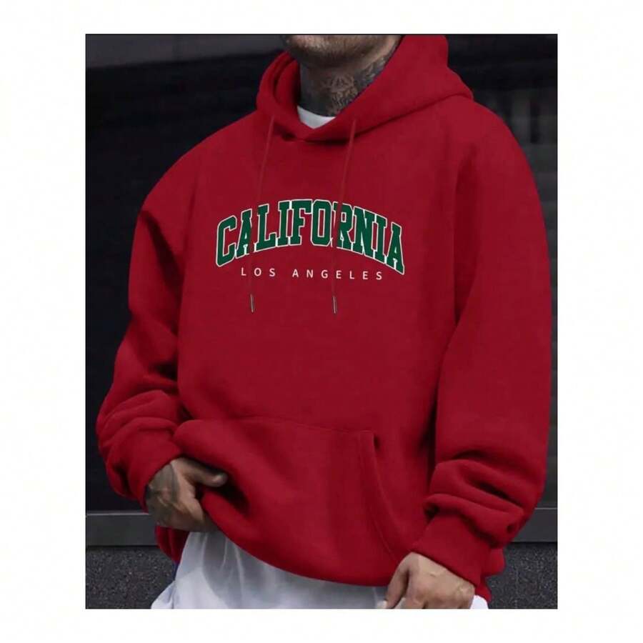 Round Neck Long Sleeve Hoodie With California Phrase Print, Loose Printed Coat For Fall And Winter - 紅色 - 查看 1