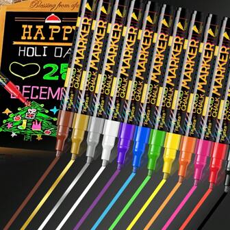 12 Colors Liquid Chalk Markers, Dry Erase And Window Markers Suitable For All Non-Porous Surfaces, Great For Restaurant Menu Boards, Coffee Boards, Chalkboards, Whiteboards, Blackboards, LED Writing Boards, Window Signs, Car Windows, Kids Art, School Work, Food Containers, Glass, Ceramic Mugs, Etc.,School Supplies,Back To School
