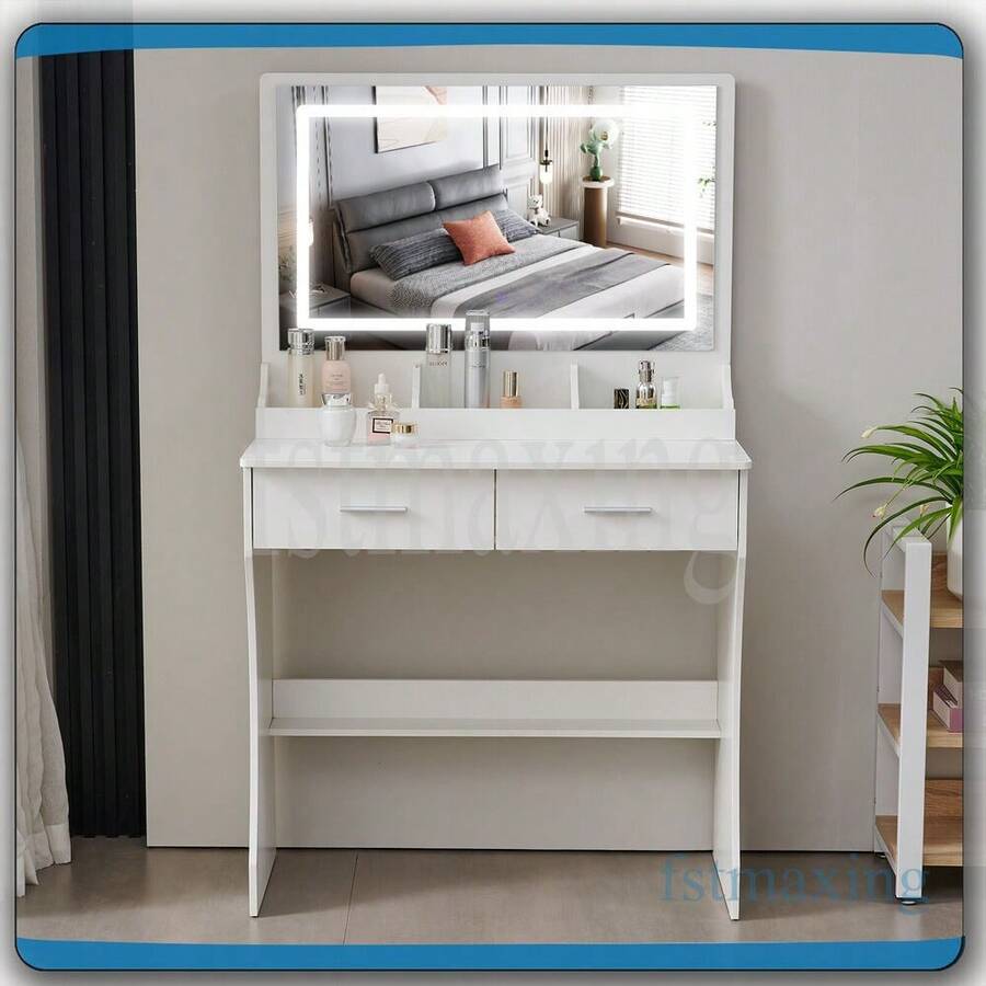 Large LED Lighted Mirror Makeup Dressing Desk Vanity Table And Shelves