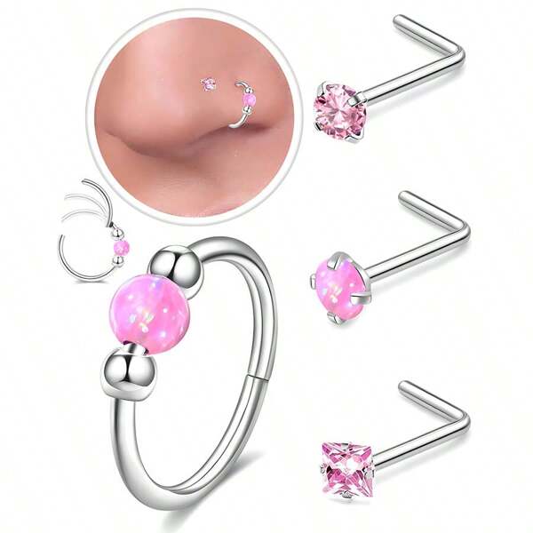 Conjunto de Piercing de Nariz com Clique de Aço Inoxidável Hipoalergênico com Opala Rosa, Inclui Brinco de Nariz em Forma de L, Anel de Segmento Articulado e Espiral para Cartilagem/Lábio