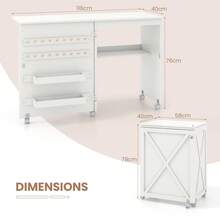 Folding Sewing Table, Multipurpose Craft Station With Compact Design, Storage Shelf, 2 Trays And 18 Pegs, Barn-Door Sewing Cabinet With 5 Lockable Wheels For Small Spaces, White - White - View 4