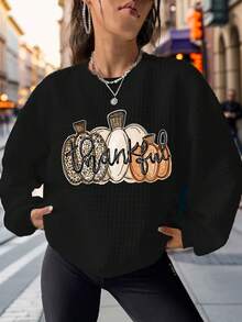 Thanksgiving Print Casual Sports Waffle Sweatshirt - Black - View 1