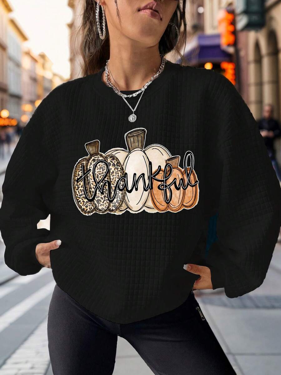 Thanksgiving Print Casual Sports Waffle Sweatshirt - Black - View 1