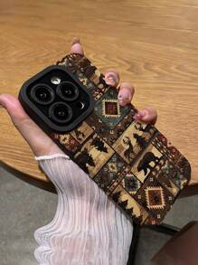 西部苹果圣诞手机壳 1 件复古驼鹿与熊图腾垂直条纹仿皮防摔软保护手机壳兼容 15/15Plus/15Pro/15ProMax 防水防震防刮 - 彩色 - 查看 5