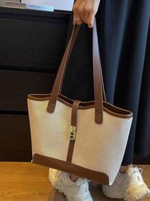 Bolso de hombro con doble asa y ribete de contraste, informal, para trabajo, escuela, ideal para universitarios, adolescentes y jóvenes, perfecto para exteriores, viajes y vuelta al colegio