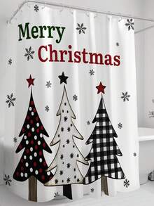 1 件圣诞树、雪花、星形装饰数码印花防霉防水浴帘，配有 12 个塑料挂钩和金属索环，耐用坚固的浴室配件 - 彩色 - 查看 4