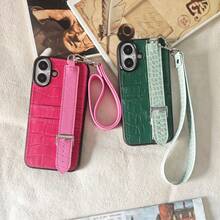 苹果 16 新款鳄鱼皮纹手机壳带腕带和卡槽兼容 Iphone 15/14 Pro/13 Pro Max，闪亮皮革纹理，防摔 - 查看 2