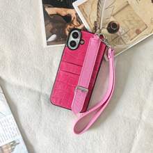 苹果 16 新款鳄鱼皮纹手机壳带腕带和卡槽兼容 Iphone 15/14 Pro/13 Pro Max，闪亮皮革纹理，防摔 - 查看 3