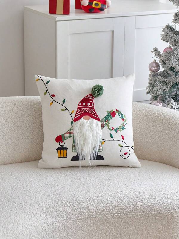 1pc Christmas Gnome Embroidered Throw Pillow Cover For Indoor Decoration, Christmas Decorative Pillow Sham, Pillow Insert Not Included