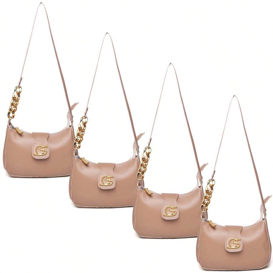 Kit Of 4 Women's Crescent Moon Bags, Small Bag, Elegant, Everyday, Party, Smooth Handle And Side Chain, Zipper And Magnetic Closure, Synthetic PU. Gaby Show - Màu Khaki - Xem 1