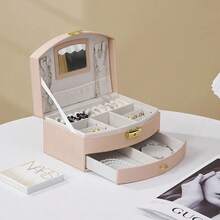 经典皮革珠宝盒带钥匙锁，天鹅绒衬里，带抽屉的桌面收纳盒，适用于耳环、项链、手链 - 适合女士和女孩的多功能半圆形收纳盒 - 彩色 - 查看 4