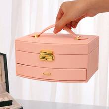 经典皮革珠宝盒带钥匙锁，天鹅绒衬里，带抽屉的桌面收纳盒，适用于耳环、项链、手链 - 适合女士和女孩的多功能半圆形收纳盒 - 彩色 - 查看 8