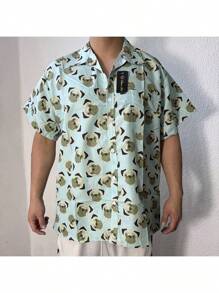 Camisa de manga corta para hombre, diseño de gato, estampado de dibujos animados, estilo hawaiano, informal, para vacaciones, verano, playa, suelta, de gran tamaño Camisa de boliche retro con botones para hombre, estilo, con bolsillo - Verde militar - Ver 1