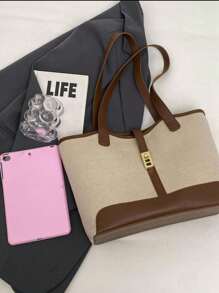 Bolso de hombro con doble asa y ribete de contraste, informal, para trabajo, escuela, ideal para universitarios, adolescentes y jóvenes, perfecto para exteriores, viajes y vuelta al colegio