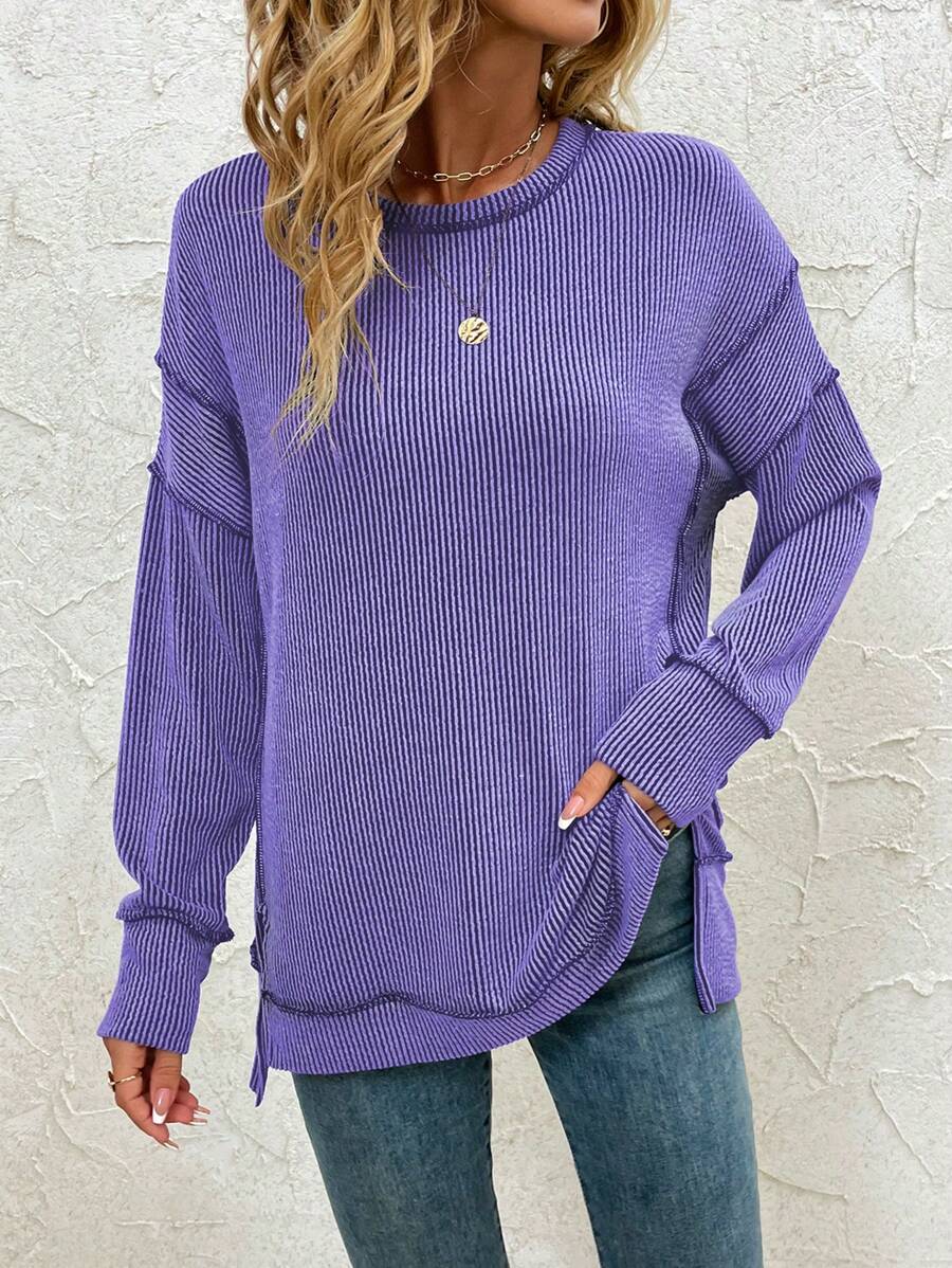 Women's Long Sleeve Shirt, Autumn Ribbed Loose Oversized Sweatshirt, Casual Side Slit Drawstring Waist Top - Royal Blue - View 1