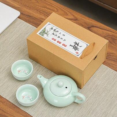 1 Set Celadon Kung Fu Tea Set, Red/Green Tea Brewing Tools, Teapot & Cups Set - Suitable For Outdoor & Home Use, Elegant Gift