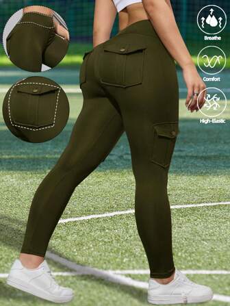 Summer Workout Women's Outdoor Utility Leggings, Utility Pockets Design Lift Butt Tight Pants, Athletic Workout Tight Pants